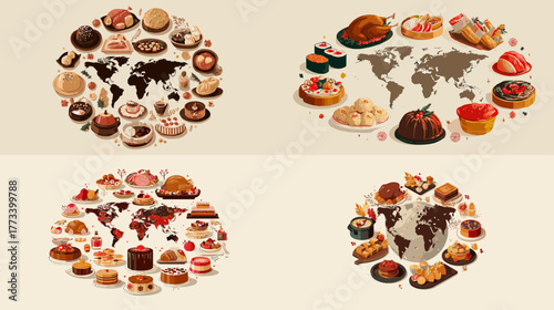 Creative world map illustration made of desserts and sweets from different countries. Global confectionery concept showing cakes, pastries, and traditional sweets around the world.