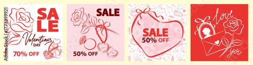Set of Valentine s Day vector illustrations featuring romantic elements like hearts, lips, gifts, and sale promotions. Ideal for festive designs and themed promotions.