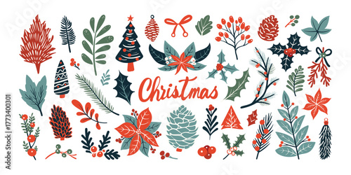 Set of isolated Christmas plant, vine and branch elements in red and green colors for holiday seasonal on transparent background.