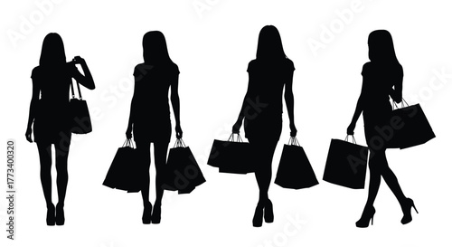 Set of female shopper silhouettes elegant black figures with shopping bags isolated on white background