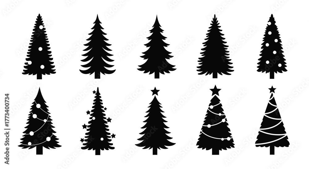 Obraz premium Christmas tree silhouette icons, set of 10 black pine tree vector shapes, festive holiday graphic design elements for winter greeting cards isolated on White Background
