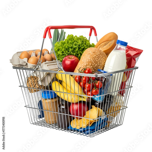 Grocery basket brimming with fresh food items