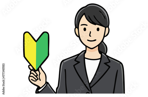 初心者マークを持つビジネスウーマン（上半身・シンプルカラー）