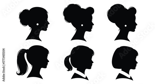 Set of woman silhouette profiles various hairstyles in black illustration isolated on white background
