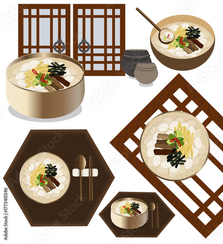 한국 전통 명절 설날에 먹는 떡국 상차림