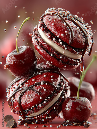 Macaroons with cherry and chocolate falling on the table. 
