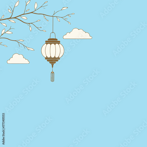 Lantern Hanging from a Branch with Clouds