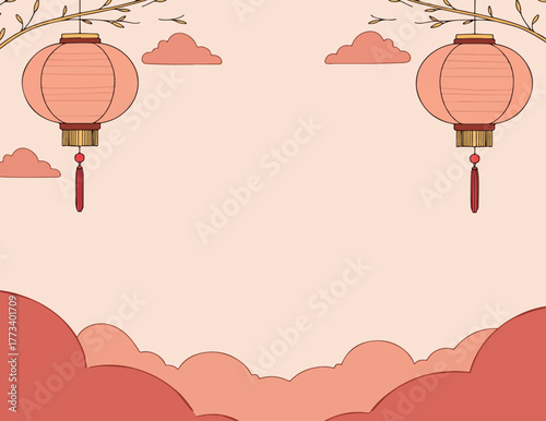 Chinese Lanterns and Clouds Illustration