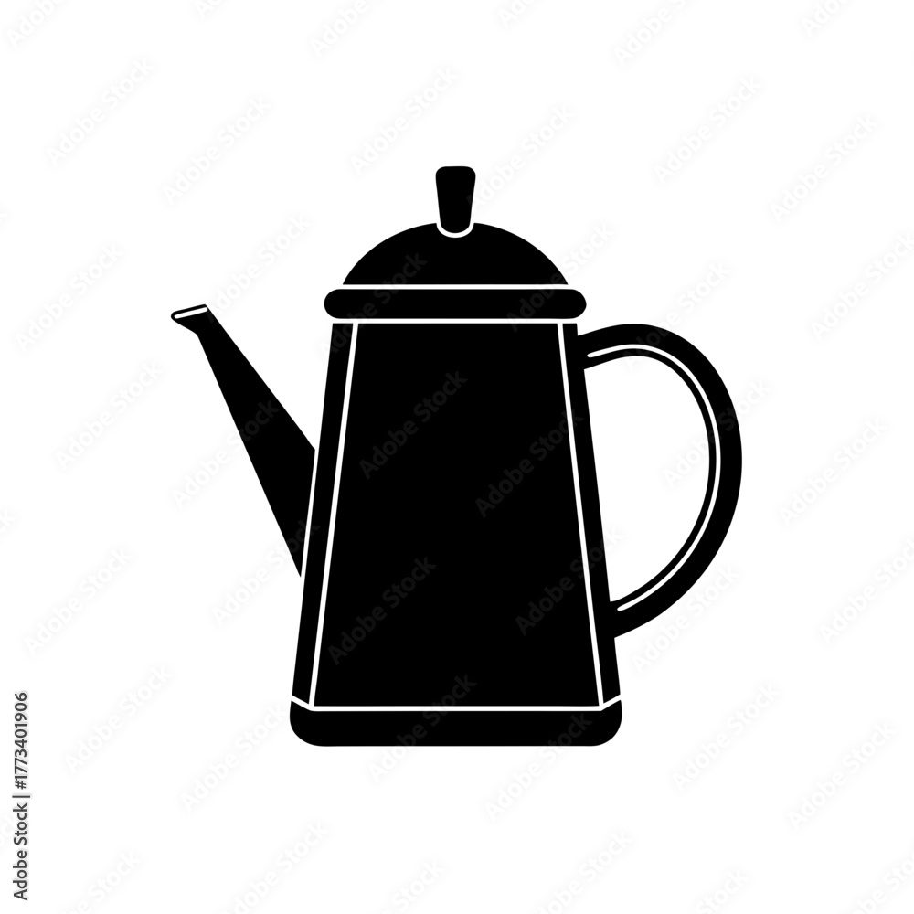 Fototapeta premium Vintage coffee pot or kettle icon displayed as a sharp, modern black silhouette vector illustration, representing classic brewing and serving equipment for hot beverages.