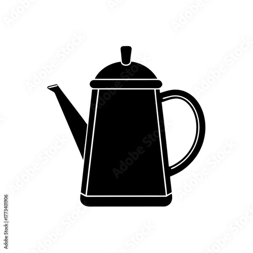 Vintage coffee pot or kettle icon displayed as a sharp, modern black silhouette vector illustration, representing classic brewing and serving equipment for hot beverages.