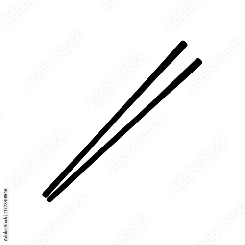 Minimalistic black and white vector illustration of two simple oriental chopsticks, an essential traditional utensil used for eating asian cuisine, isolated on a clean white background.