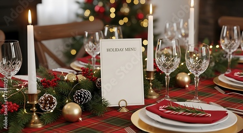 A festive holiday dining table is set with candles, greenery, and a menu card for a special meal.