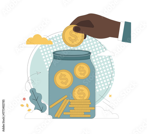 Vector flat illustration. Financial savings concept. Financial collection. A jar containing gold coins, into which a hand places a coin..eps