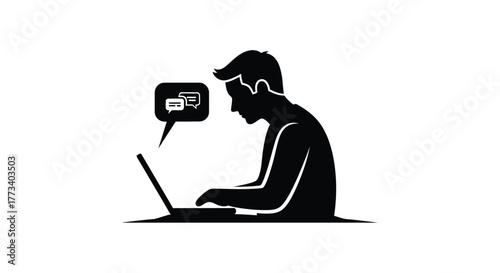 Silhouette of a man using a laptop with speech bubbles illustration online communication and social networking isolated on white background