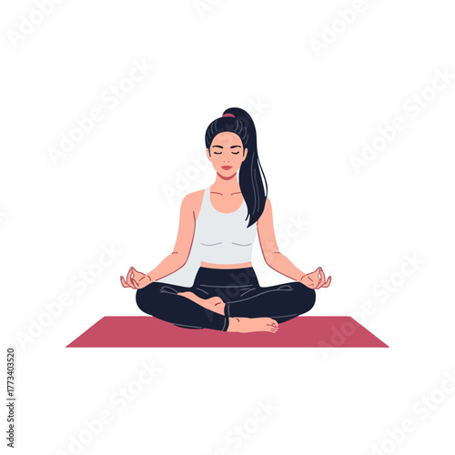 Young woman in sportswear sitting in lotus position on yoga mat isolated on white background meditation concept