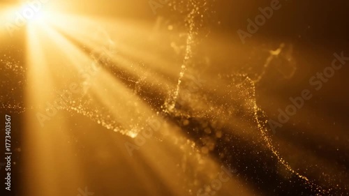 Golden light rays shining through dust and particles in darkness