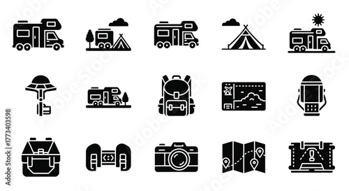 Set of camping and travel icons simple black glyph elements outdoor adventure isolated on white background