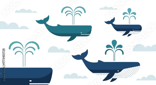 Whales with clouds and trees, playful ocean scene