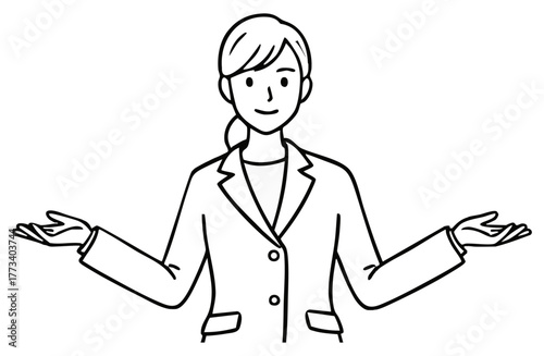 両手を広げて紹介するビジネスウーマン（上半身・モノクロ線画）