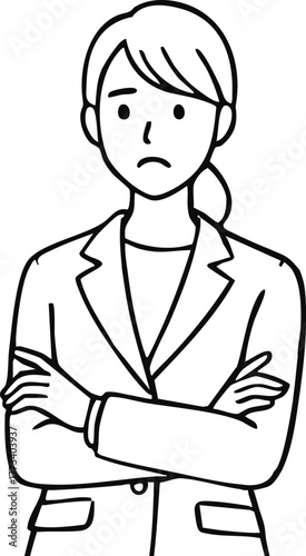 困った表情で腕組みするビジネスウーマン（上半身・モノクロ線画）