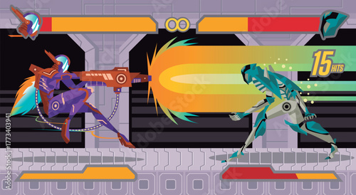 robots fighting videogame with super special power combo