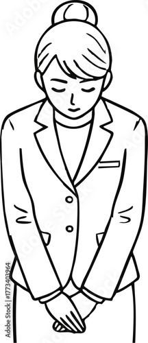 お辞儀をして謝罪するビジネスウーマン（上半身・モノクロ線画）