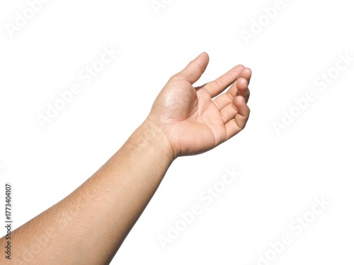 Male hands open and stretched forward on business concept isolated on white background.	