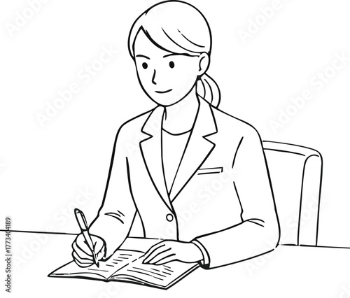 デスクでメモを取るビジネスウーマン（上半身・モノクロ線画）