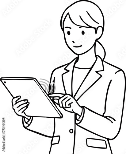 タブレットを操作するビジネスウーマン（上半身・モノクロ線画）