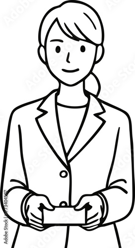 名刺を差し出すビジネスウーマン（上半身・モノクロ線画）