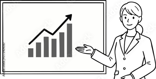 プレゼンボードを指し示すビジネスウーマン（上半身・モノクロ線画）