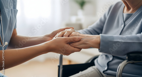 Comforting Touch Professional Healthcare Support Nurturing Elderly Woman in Wheelchair Hands of Nurse  110 characters