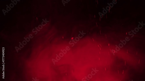 Cinematic dark background featuring rising red smoke, glowing fog, and floating fiery embers