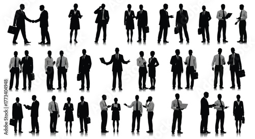Collection of business people silhouettes diverse group of men and women in various poses illustration isolated on white