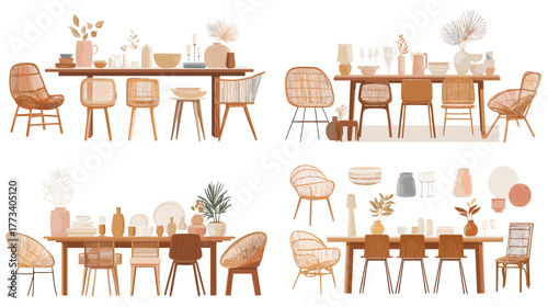 Modern dining room interior illustration with wooden furniture, chairs, and home decor. Perfect for lifestyle design, furniture catalog, or minimalist interior branding.
