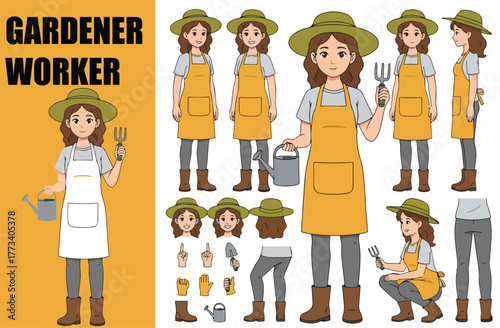 Farmer Character Set Front, Side, Back View. Gardener Worker with Tools, Watering Can and Body Poses Vector Illustration Collection.