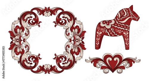 Nordic folk art vector elements with Rosemaling wreath, Dala horse, and heart for Scandinavian design