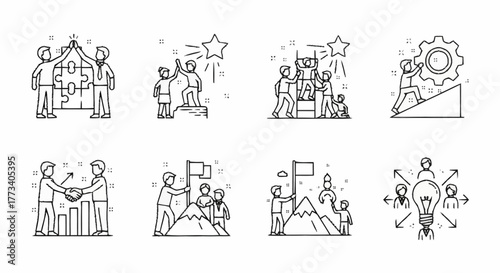 A collection of hand drawn doodle icons representing business teamwork and success.