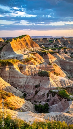 Sunset over colorful badlands
