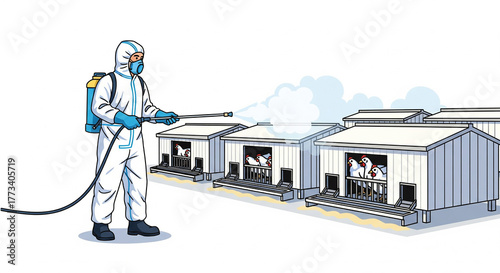 Protecting poultry farms with professional disinfection services for healthy livestock and biosecurity in a cartoon styled render for agriculture.