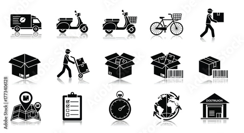 Delivery and logistics icon set simple flat glyphs online shopping and shipping services isolated on white background