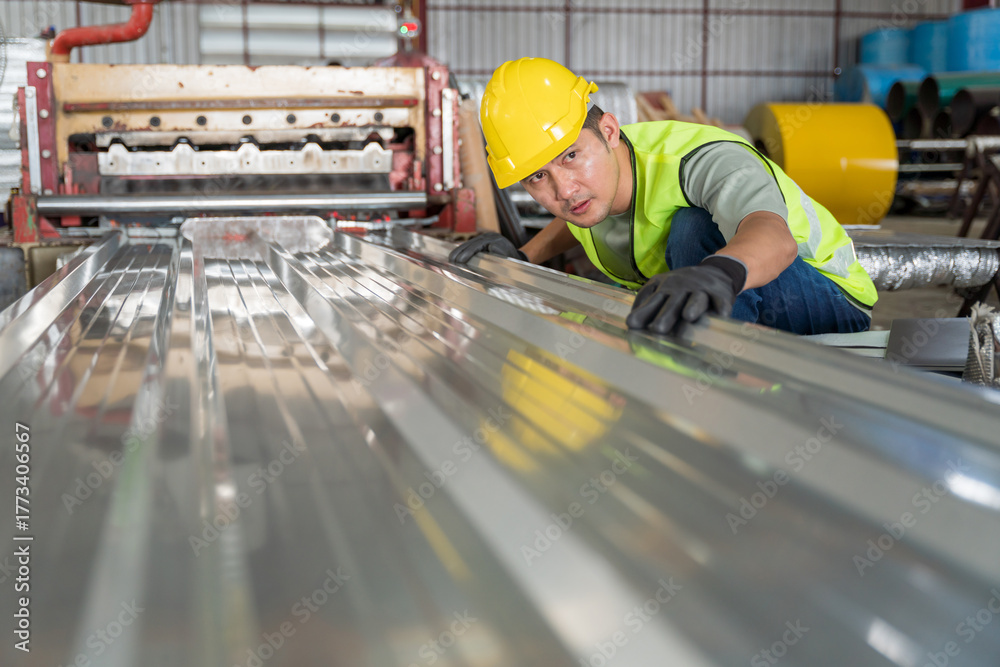 custom made wallpaper toronto digitalWorker inspecting a newly produced metal sheet roofing panel on the assembly line of a heavy industrial roll forming machine in the factory.