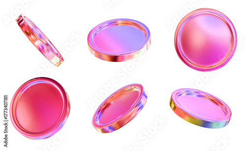 3D set holographic or neon coins with different angles.  Symbol of gold and wealth. Stock vector illustration on isolated background.