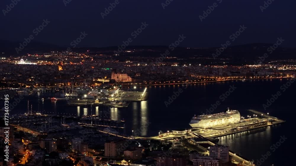 custom made wallpaper toronto digitalNight aerial view of the city of Palma de Mallorca, Spain. Beautiful cityscape over the bay with harbor, marina and cruise ships