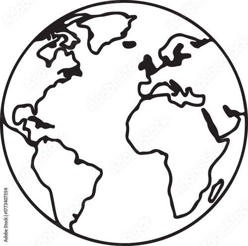 Minimalist Earth Globe Icon – Black and White Line Art of Continents Around Atlantic Ocean – High-Contrast Vector for Geography, Education, and Global Themes