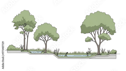 Ecological water management with constructed wetlands and trees