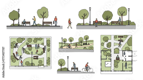 Hand-drawn illustrations showcasing diverse urban park designs and public space activities with people enjoying nature