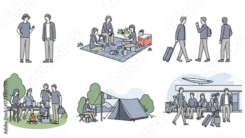 Diverse people enjoying various outdoor recreational activities and travel scenarios