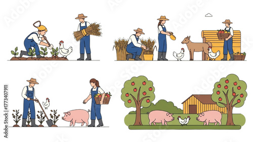 Farm Life Illustration Farmers Caring for Animals and Crops