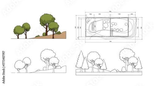 Diverse Landscape Design Graphics Featuring Trees and Natural Elements for Architectural and Environmental Planning